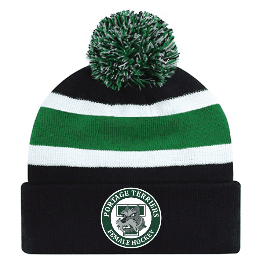 9S243M Acrylic Roll Pom Pom Toque - Black/KellyGreen/White